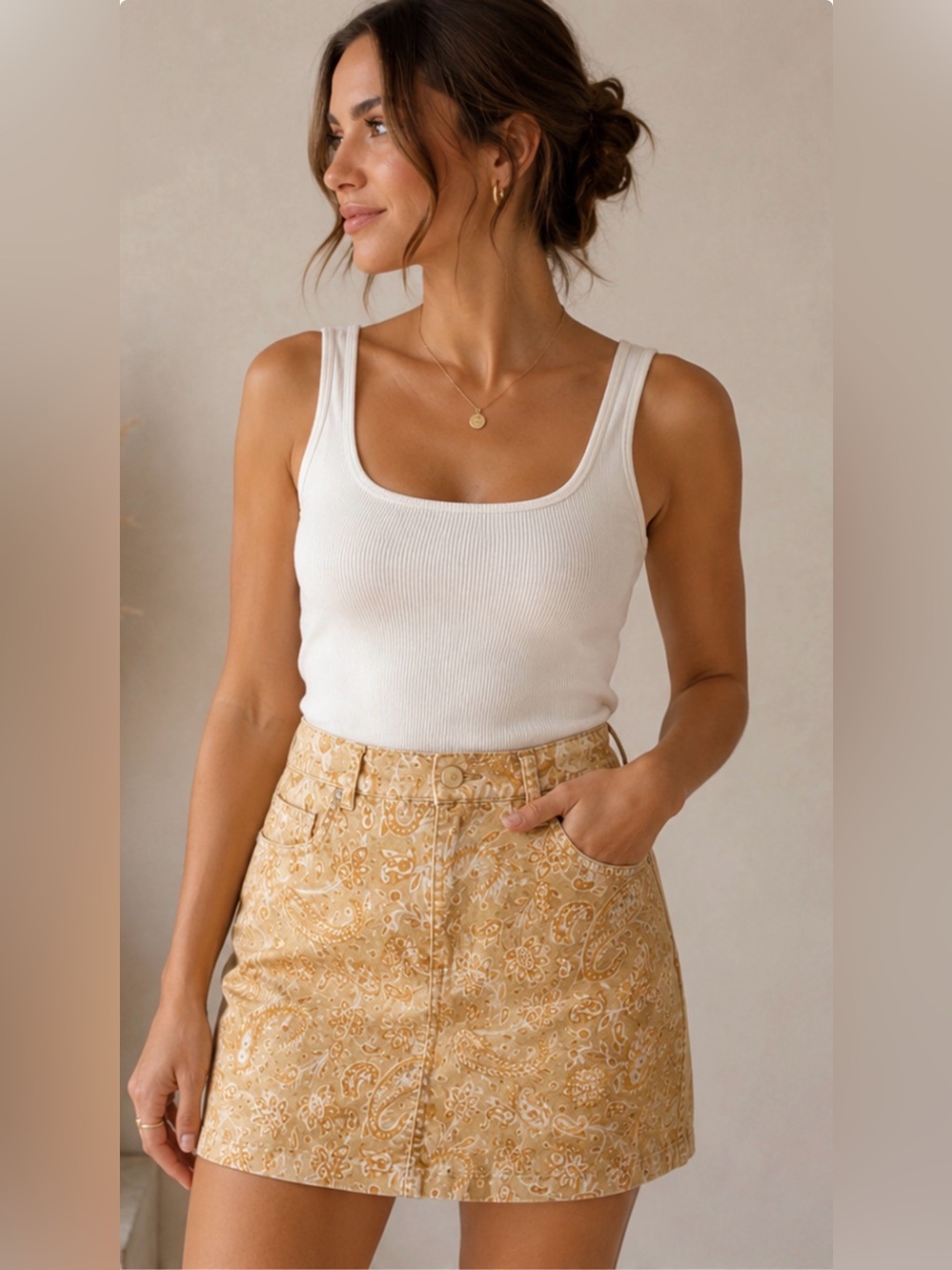 Bamboo Traders Paisley Print Mini Skirt 10 Tan Gold‎ Boho Western